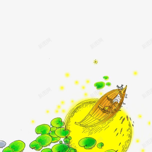 绿色河边png免抠素材_新图网 https://ixintu.com 划船 卡通 唯美 小船 手绘 河水 河边 绿色 荷花叶