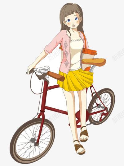 推着单车的女孩png免抠素材_新图网 https://ixintu.com 交通工具 人物 动作 姿势