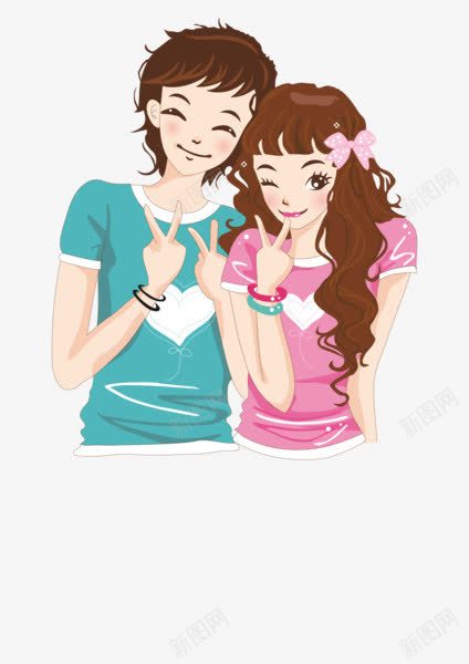 剪刀手时尚情侣png免抠素材_新图网 https://ixintu.com 卡通情侣 女孩 情人节 男孩
