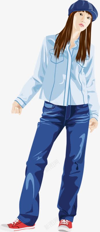 卡通手绘女孩png免抠素材_新图网 https://ixintu.com 帽子 时尚女郎 蓝色 衬衣 黄色头发