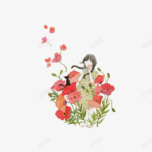 美丽的女孩png免抠素材_新图网 https://ixintu.com 在花丛中的女孩 手绘 简图 花瓣 花裙 长发