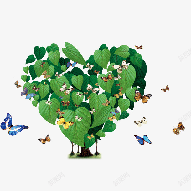 树叶组成的心形psd免抠素材_新图网 https://ixintu.com 心形 树叶 植物 蝴蝶