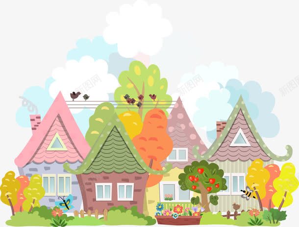 卡通城市小镇装饰png免抠素材_新图网 https://ixintu.com 卡通图案 卡通手绘 城市装饰 城市规划 城市规划图 小院