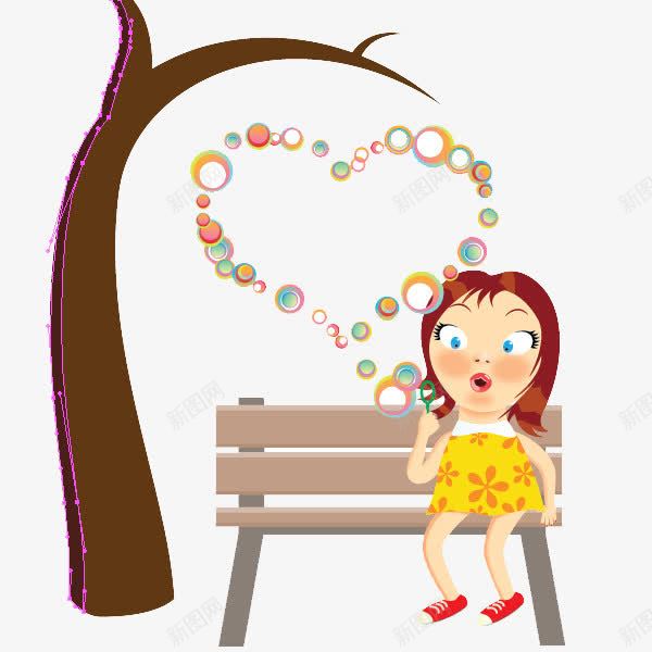 卡通树下凳子上的女孩子png免抠素材_新图网 https://ixintu.com 汽泡 爱心 爱情 表情