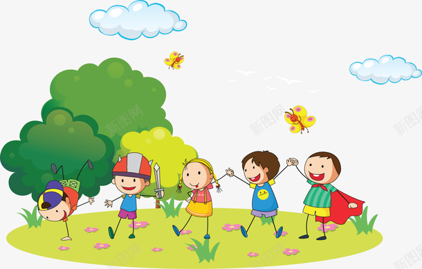 卡通手绘开心的孩子png免抠素材_新图网 https://ixintu.com 创意 动漫动画 卡通手绘 开心的孩子 树木 白云 简约