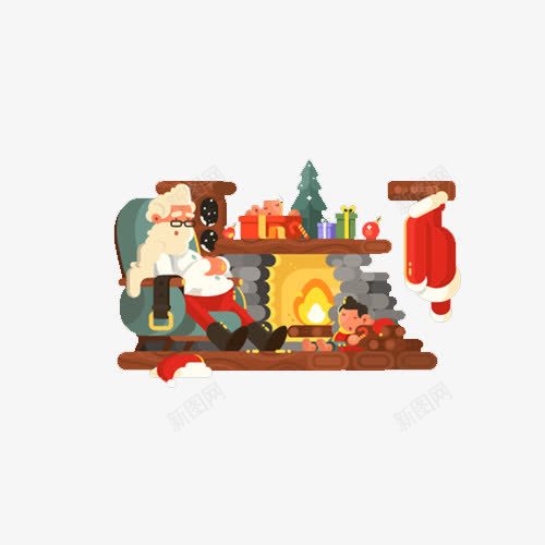 扁平风圣诞节火炉旁png免抠素材_新图网 https://ixintu.com 围炉 圣诞火炉 圣诞老人 圣诞节 礼物