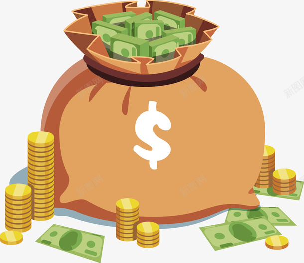 一袋金币与钞票矢量图eps免抠素材_新图网 https://ixintu.com 一个袋子 矢量金币 矢量钞票 金币PNG 钞票 矢量图