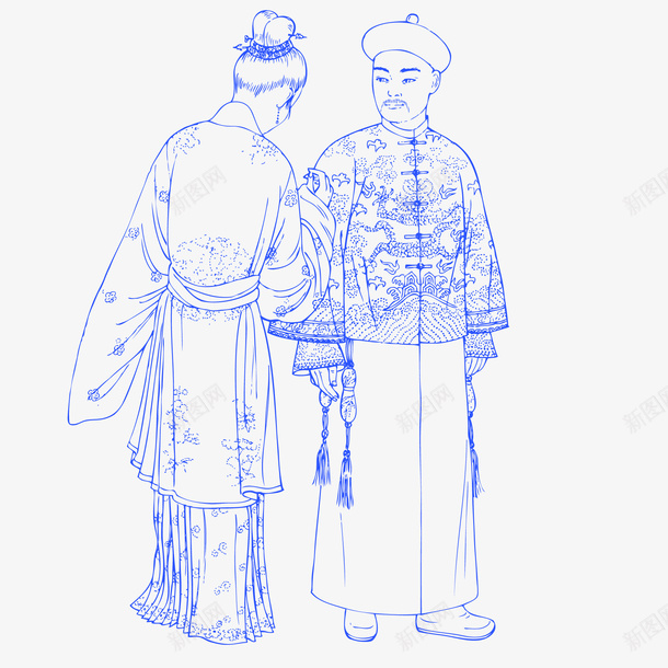 清朝手绘人物插画矢量图ai免抠素材_新图网 https://ixintu.com 中国风 人物插画 妇人 宫廷 宫装 清宫 清朝 清朝官服男子 男人 矢量图