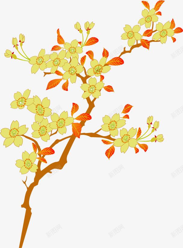 手绘黄红色花朵树枝png免抠素材_新图网 https://ixintu.com 树枝 红色 花朵