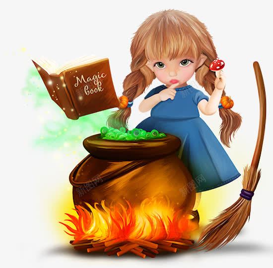 熬粥的小女孩png免抠素材_新图网 https://ixintu.com 小女孩 扫把 熬粥 魔法书