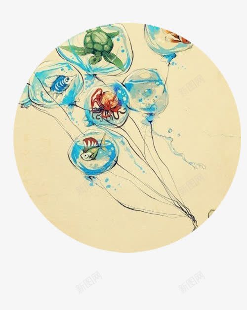 手绘海洋生物png免抠素材_新图网 https://ixintu.com 乌龟 气球 海洋生物 蓝色 鱼