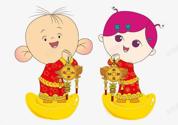 一对可爱的卡通儿童png免抠素材_新图网 https://ixintu.com 喜庆 拜年 新年 红色