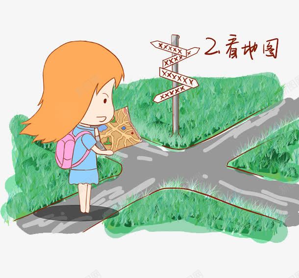 迷路的女孩png免抠素材_新图网 https://ixintu.com 卡通 地图 女孩 手绘 路口 迷路