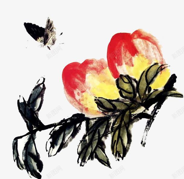蝶绕花丛png免抠素材_新图网 https://ixintu.com 动物 国画 红色 花朵 蝴蝶 装饰