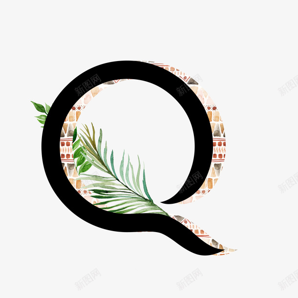 卡通手绘英文字母Qpng免抠素材_新图网 https://ixintu.com 创意 动漫动画 卡通手绘 简约 绿叶 英文字母Q 黑色
