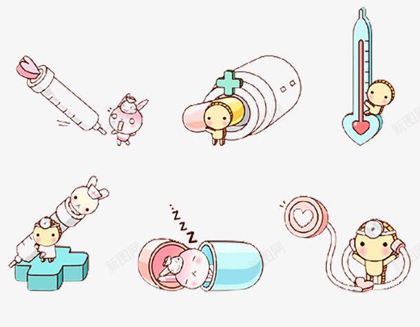 可爱的生病png免抠素材_新图网 https://ixintu.com 卡通 吃药 听诊 打针 绘画