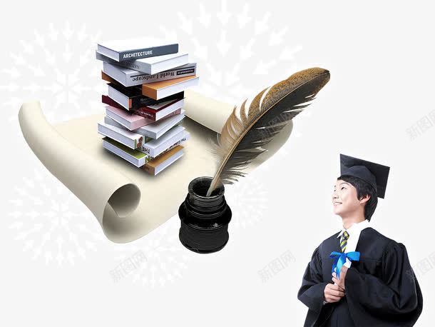 纸卷上的笔和书本png免抠素材_新图网 https://ixintu.com 书本 书籍 人物 学生 笔 纸卷