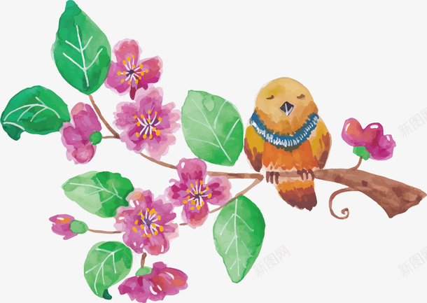 鲜花绿叶矢量图ai免抠素材_新图网 https://ixintu.com PNG图 PNG图下载 创意卡通 卡通插图 开花的树枝 插图 树枝 树枝上的鸟 绿叶 鲜花 矢量图