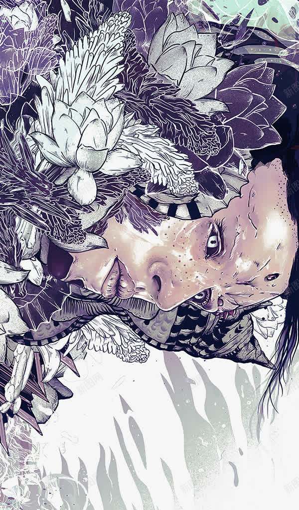 手绘人脸和花卉图案png免抠素材_新图网 https://ixintu.com 创意插画 手绘人脸 花卉图案