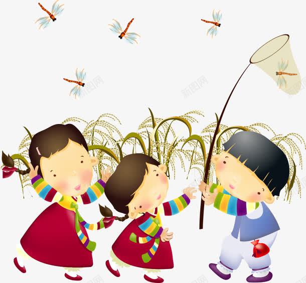 捕捉蜻蜓的卡通儿童png免抠素材_新图网 https://ixintu.com 人物插画 卡通人物 卡通儿童 卡通插画 捕捉蜻蜓 矢量人物