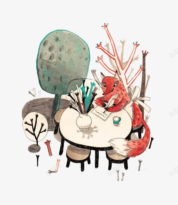 写信的狐狸png免抠素材_新图网 https://ixintu.com 书桌 写信 写字 狐狸
