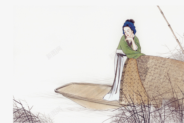 中国风psd免抠素材_新图网 https://ixintu.com 中国风 古风船 女人 水墨画 船