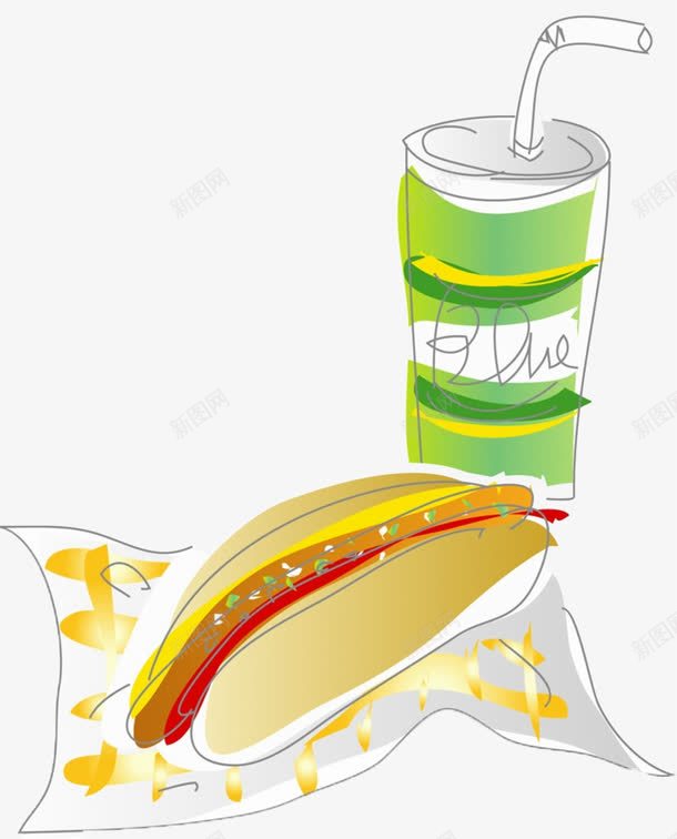 食物快餐png免抠素材_新图网 https://ixintu.com 夹心面包 手绘 插画 美食 饮料