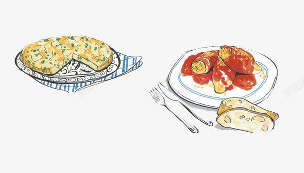 卡通食物馅饼与藕png免抠素材_新图网 https://ixintu.com 刀叉 卡通 插画 桌布 油炸食物 番茄酱 盘子 绘画 藕 食物 馅饼
