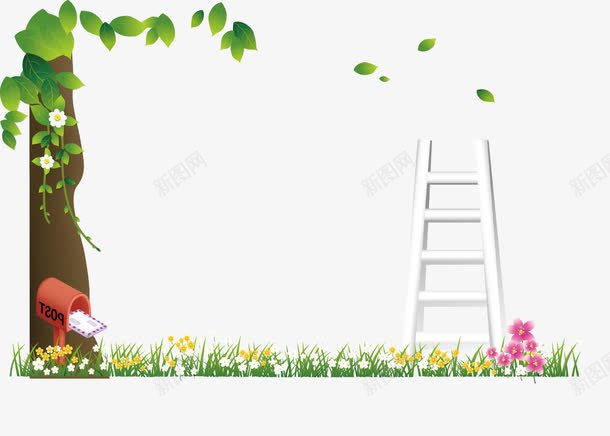 卡通春天树木树叶梯子png免抠素材_新图网 https://ixintu.com 卡通 春天 树叶 树木 梯子