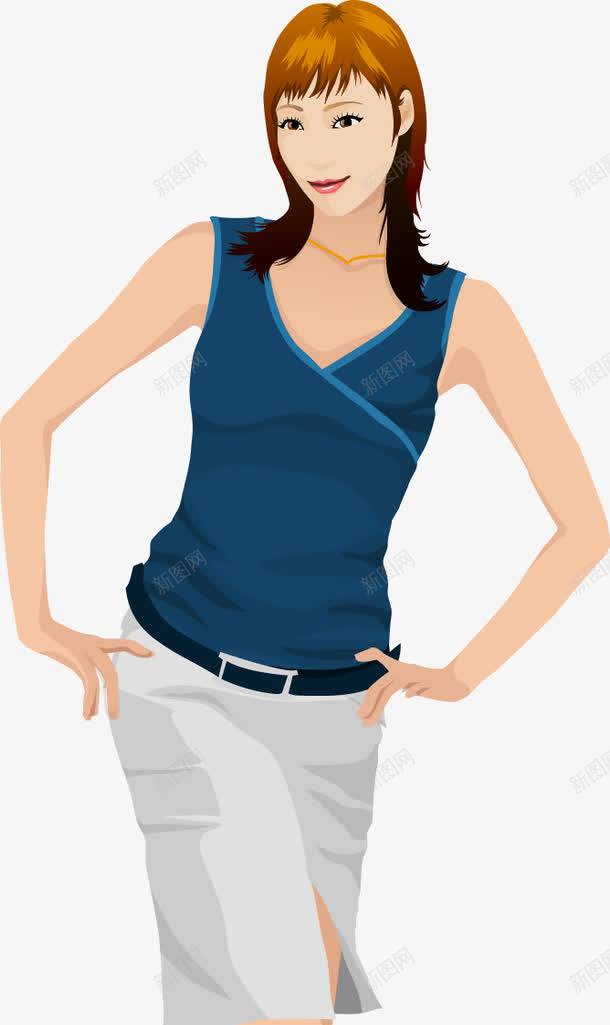双手叉腰时尚美女矢量图ai免抠素材_新图网 https://ixintu.com 叉腰美女 双手叉腰时尚美女矢量素材 时尚美女 矢量美女 穿蓝色无袖上衣的女人 矢量图