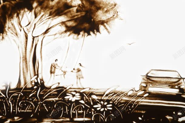 亲子游沙画png免抠素材_新图网 https://ixintu.com 亲子游 汽车 沙画 秋千