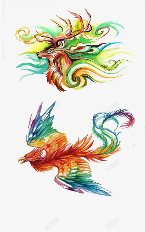 手绘水彩动物png免抠素材_新图网 https://ixintu.com 凤凰 手绘 水彩 鹿