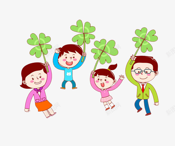 拽着四叶草的男女孩png免抠素材_新图网 https://ixintu.com 创意 卡通 商务 四叶草 彩色手绘 插图 父母 男女孩