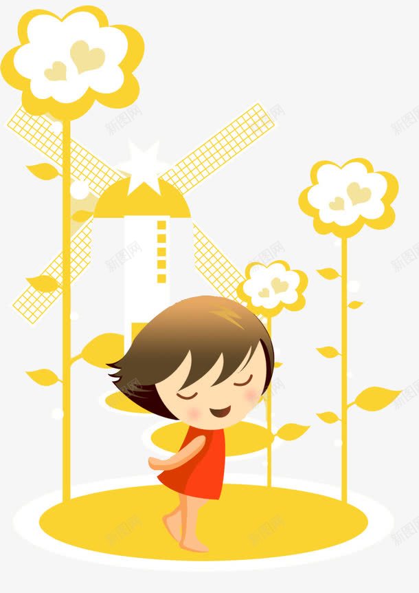 手绘小女孩黄花装饰png免抠素材_新图网 https://ixintu.com 小女孩 手绘 黄色 黄花
