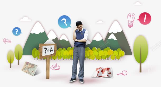 人生路口的思考png免抠素材_新图网 https://ixintu.com 人生路口 卡通 卡通现实结合 思考