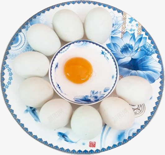 蓝色青花瓷盘装土鸭蛋蛋黄png免抠素材_新图网 https://ixintu.com 中国风 企业宣传 土鸭蛋 土鸭蛋蛋黄 电商设计 青花瓷盘 食品行业