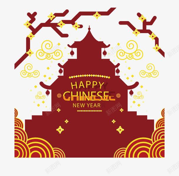红色中国风古楼海报png免抠素材_新图网 https://ixintu.com 中国新年 中国风 古楼 古风花纹 春节 矢量png
