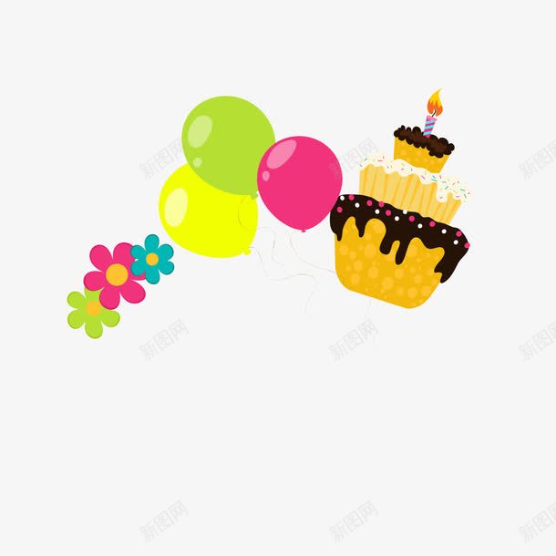 生日蛋糕png免抠素材_新图网 https://ixintu.com 小花 气球 生日蛋糕