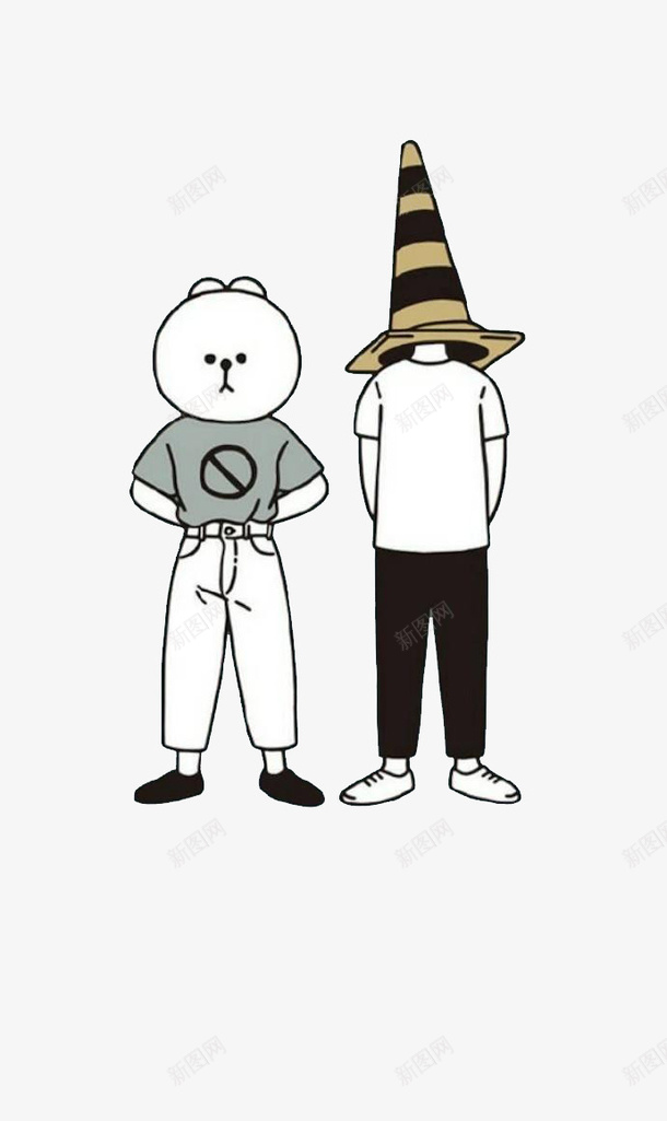 两个双手放身后的卡通人物图png免抠素材_新图网 https://ixintu.com 圆头 牛仔裤 蓝色短袖 长帽子 黑裤子