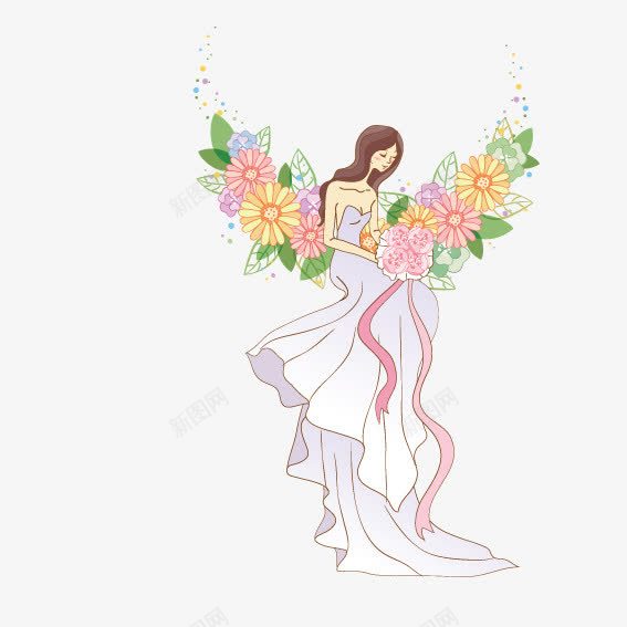 穿连衣裙的美女png免抠素材_新图网 https://ixintu.com 白裙 白裙子 美女 花朵
