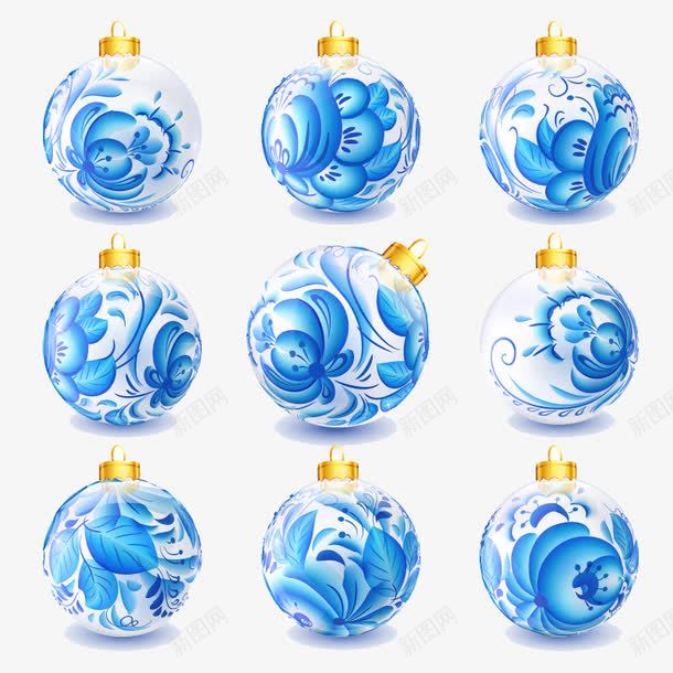9款蓝色花纹圣诞吊球png免抠素材_新图网 https://ixintu.com 中国风 古典 吊灯 花纹 蓝色