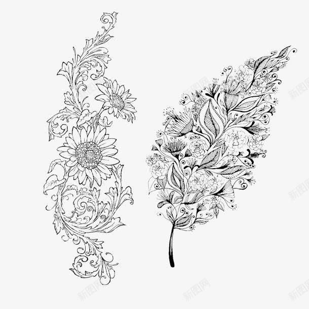 白描png免抠素材_新图网 https://ixintu.com 树叶 白描 线条 花