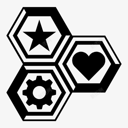 六角形组合齿轮心形图标svg_新图网 https://ixintu.com 六角形图案和形状 六角形组合 心形 星形 齿轮