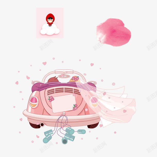情人节元素婚车png免抠素材_新图网 https://ixintu.com 卡通情人 卡通情侣 婚车 情人节 情侣 手绘玫瑰 玫瑰花