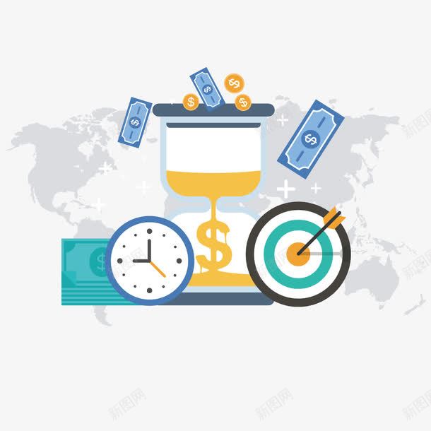 时间金钱png免抠素材_新图网 https://ixintu.com 地图 沙漏 目标 金币
