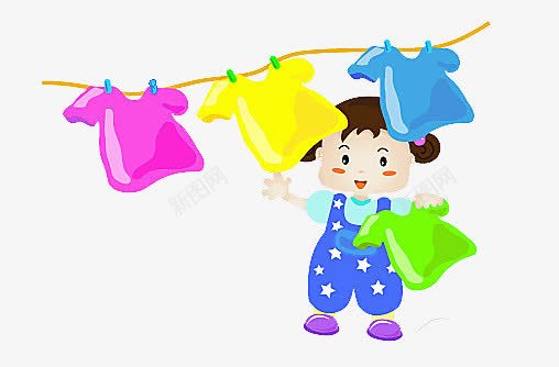 手绘晾衣服png免抠素材_新图网 https://ixintu.com 女孩 晾晒 短袖 背带裤