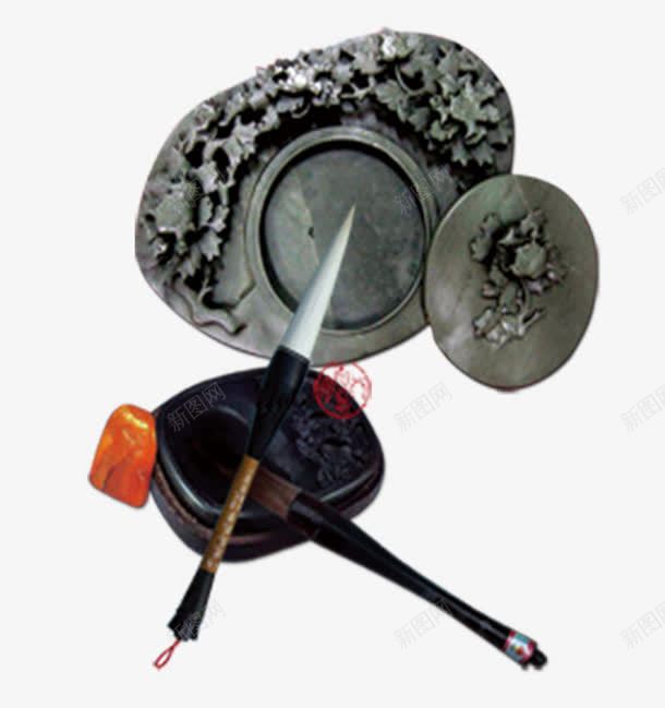 毛笔砚台png免抠素材_新图网 https://ixintu.com 中国风 佛珠 古典 毛笔 砚台 黑色
