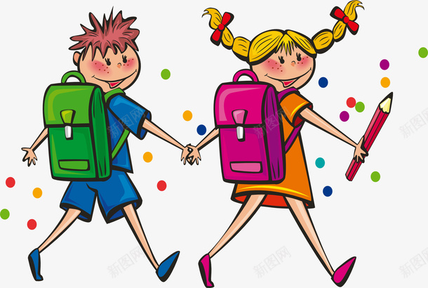 男孩女孩手拉手上学卡通png免抠素材_新图网 https://ixintu.com 上学 卡通 男孩女孩 装饰