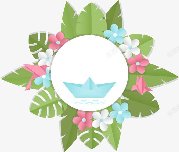 粉色小花装饰标题框png免抠素材_新图网 https://ixintu.com 矢量素材 粉色花朵 纸船 芭蕉叶标题框