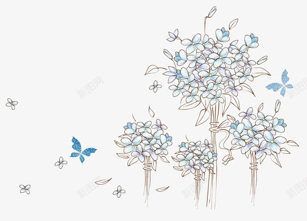 卡通绣球花png免抠素材_新图网 https://ixintu.com 绣球花PNG 绣球花矢量 蓝色 蝴蝶